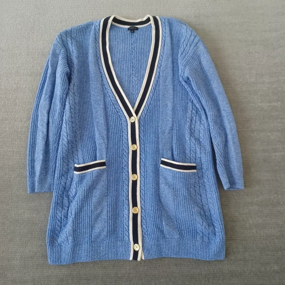Talbots Cable Knit Cardigan Women M Blue Deep V-Neck Heavyweight Grannycore Cozy